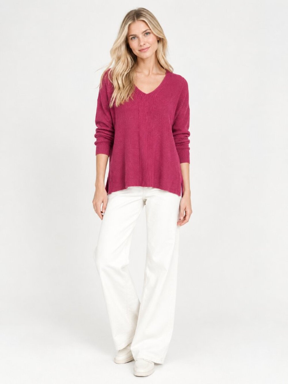 2/$30 Lands' End Center Ribbed Waffle-Knit V-Neck Sweater Magenta 2X #A4990